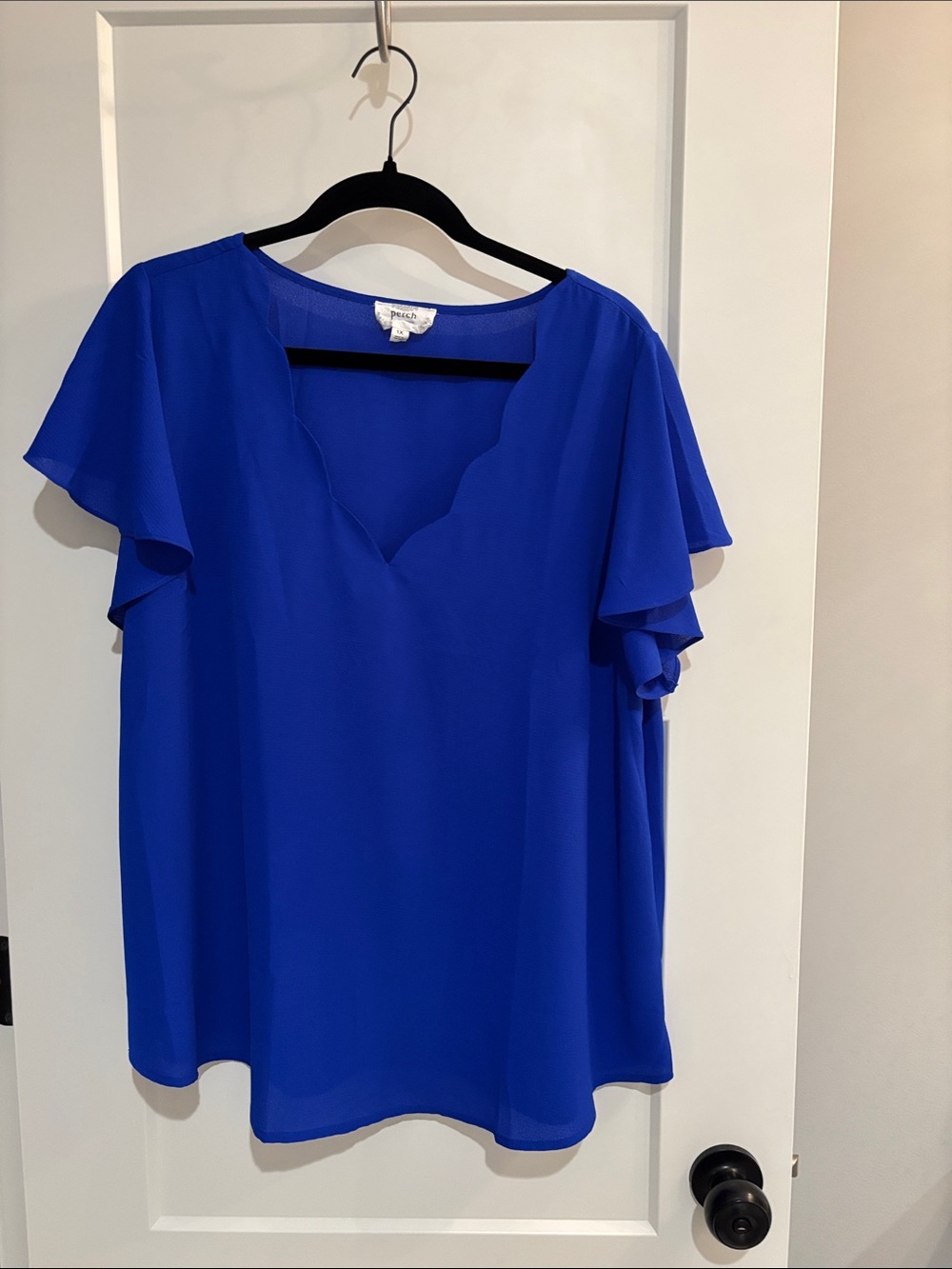 Scallop V-Neck Flutter Sleeve Blouse in Cobalt Blue - Unknown Brand
